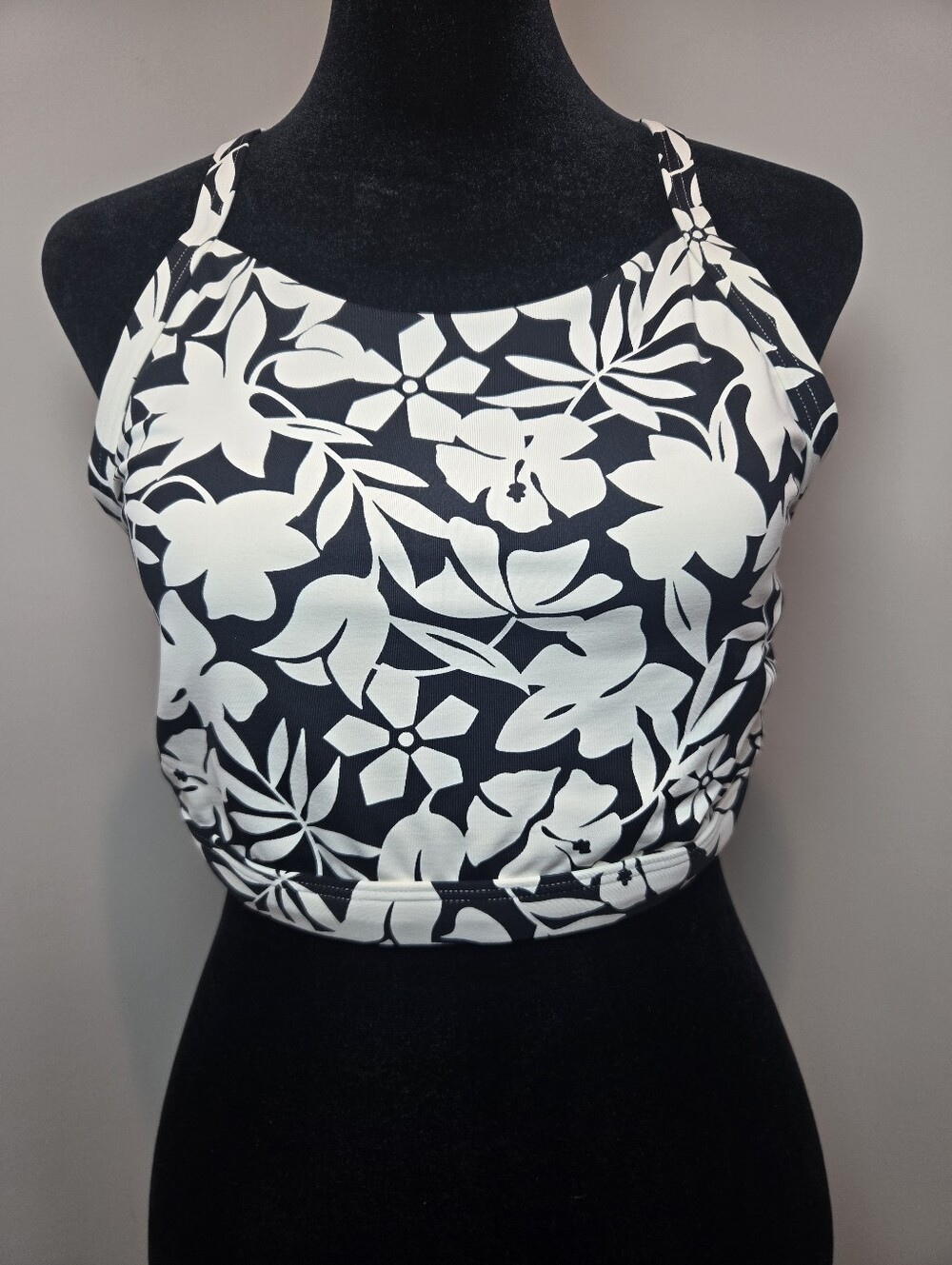 Lands' End Halter Tankini Swim Top 8 Black Havana High Neck Criss Cross